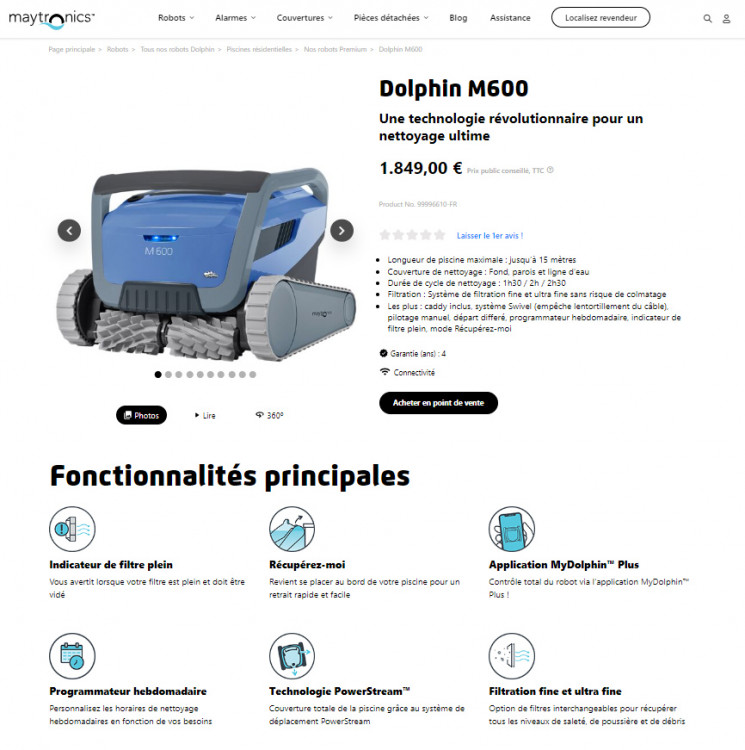 Page produit robot Dolphin site web Maytronics