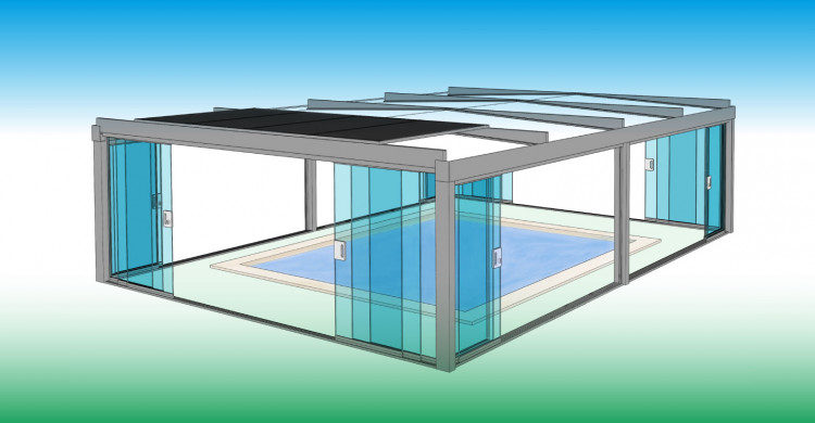 Schéma 3D du nouvel abri de piscine avec panneaux solaires Hélios