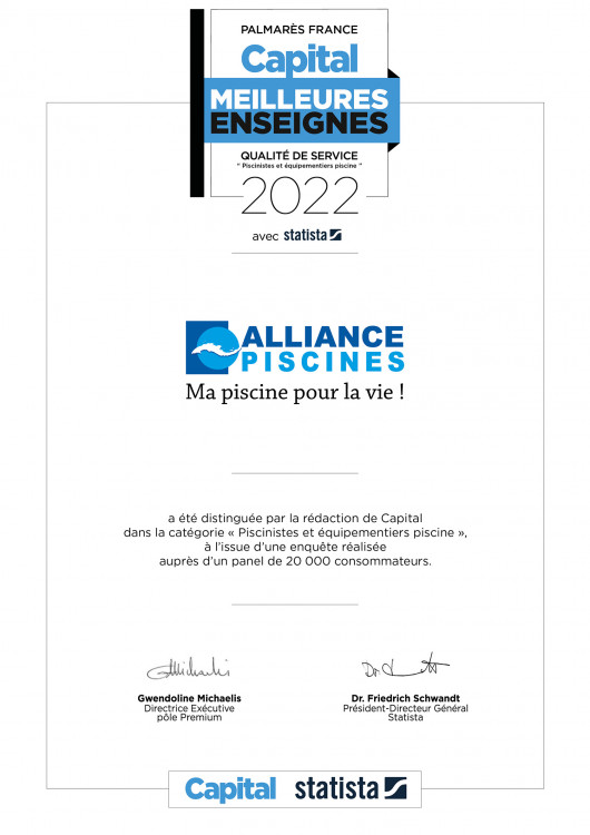 Certificat Capital Meilleures Enseignes 2022 - Alliance Piscines