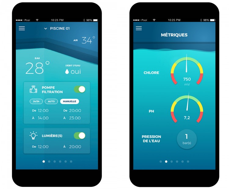 Informations ecran mobile avec EZ1 et EZ2 connexion piscine local technique EZPool EZPoolApp