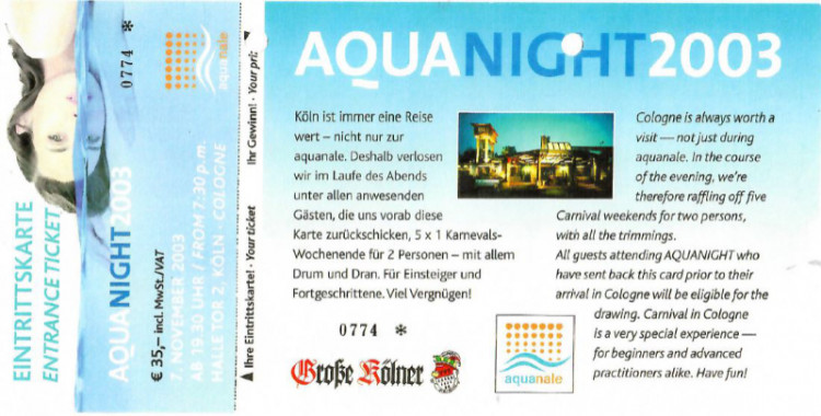 Das Original einer Eintrittskarte zur ersten Aquanight  2003