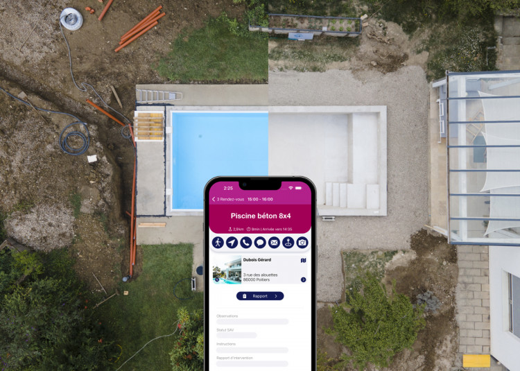 Application technicien Extrabat Piscine utilisée sur chantier pour le suivi SAV piscine