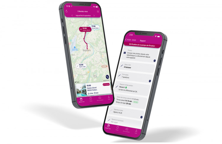 Vue de l'application mobile Extrabat Today pour les interventions et rendez-vous techniciens piscine