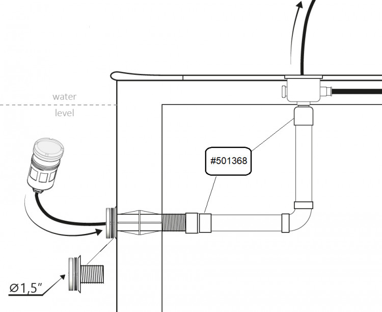 Sch&eacute;ma d'installation d'un projecteur LED piscine sur travers&eacute;e de paroi 1,5 pouce