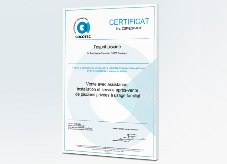 Certificat Socotec pour l'esprit piscine