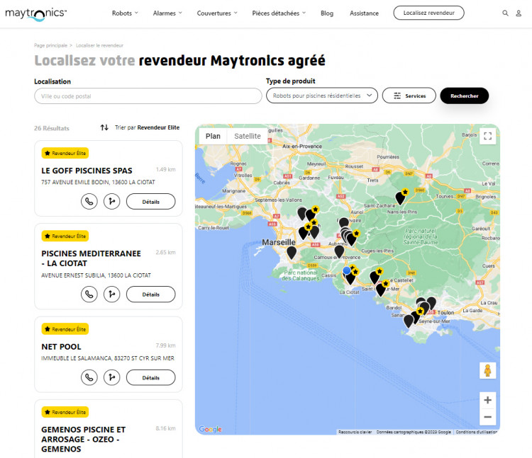 Store Locator du nouveau site Maytronics