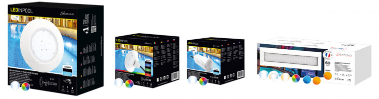 Gamme de projecteurs LED SEAMAID pour piscine avec diff&eacute;rents formats et options d'&eacute;clairage
