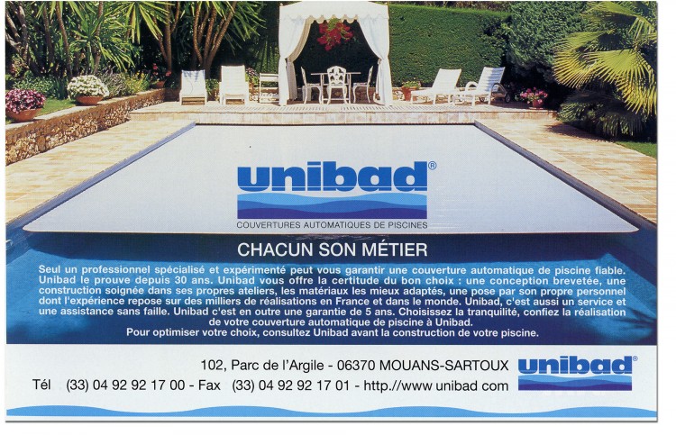 Publicité couvertures automatiques piscine Unibad dans Piscines Magazine - 1996
