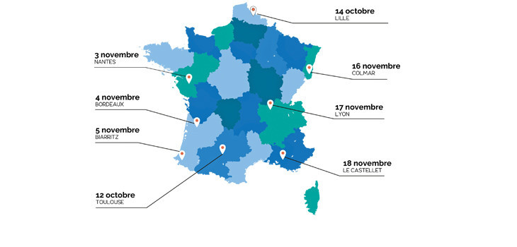 Carte France villes Roadshow des Spécialistes fabricants équipements piscine spa produits nouveautes