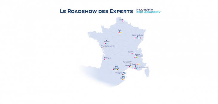 Carte de France des étapes de formation 2023-2024 Fluidra Pro Academy