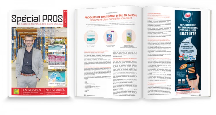 Magazine Spécial PROS n°33 avec Daniel Gil de Hayward en couverture et les pages intérieures concernant le traitement de l'eau des piscines