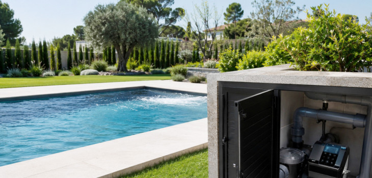 piscine avec local technique ouvert et pompe de filtration