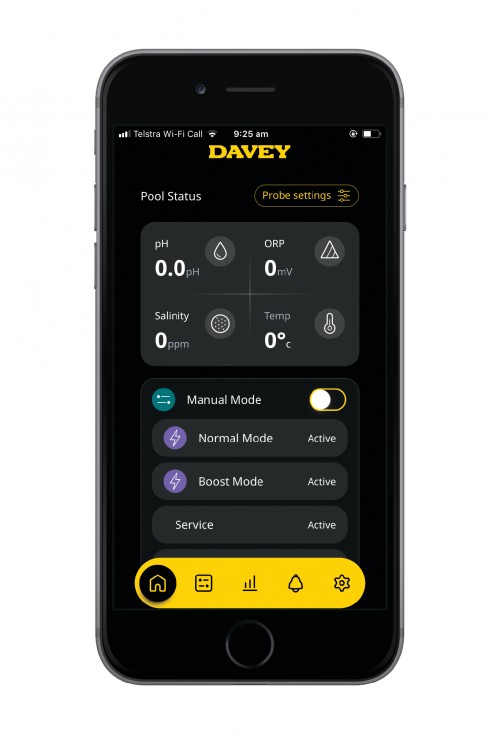 Ecran smartphone appli pour ProMatic Lifeguard gestion electrolyse sel piscine Davey SCP