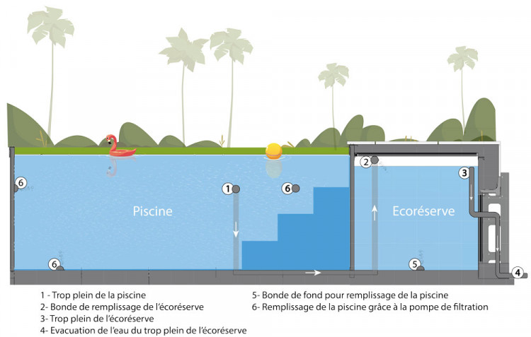 Schéma de la structure d'une piscine avec l'Ecoréserve Caron Piscines