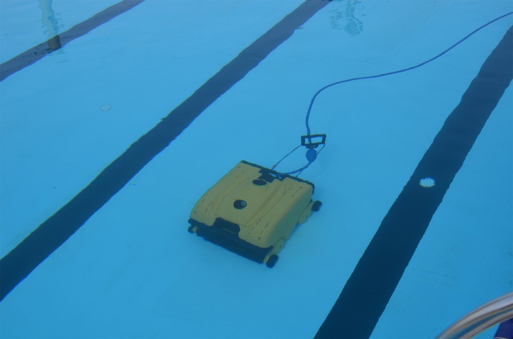 robot nettoyeur de piscine collective Dolphin Wave 200 Maytronics au fond d'une piscine