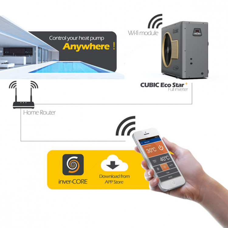 Eco Star + pool heat pump from Cubic control on smartphone app wifi connexion