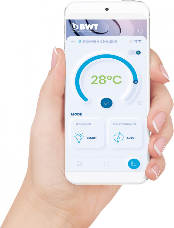 Ecran appli BWT pour le contrôle de la PAC BWT Inverter Connect Appli smartphone Best Water Technology contrôle de la pompe à chaleur piscine BWT Inverter Connect