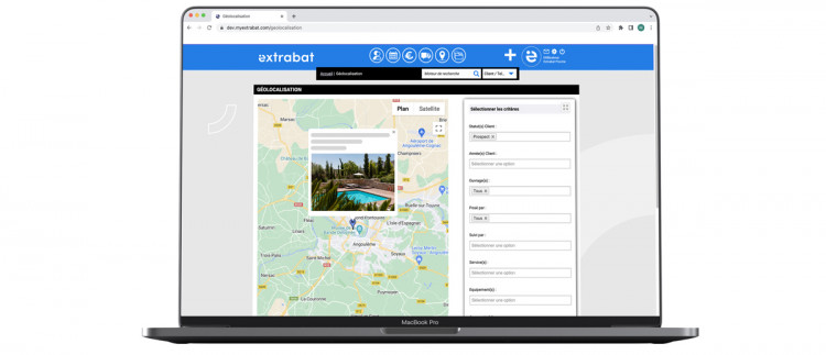 géolocalisation des chantiers dans le logiciel pour piscinier Extrabat, ERP de gestion piscine