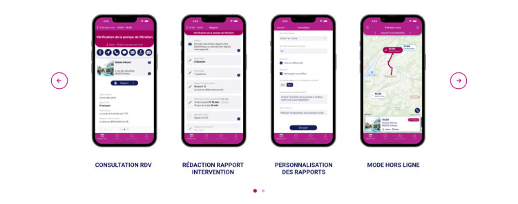 Écrans de l'application Extrabat Today montrant les fonctionnalités : consultation des rendez-vous, rédaction de rapport d'intervention, personnalisation des formulaires et mode hors ligne