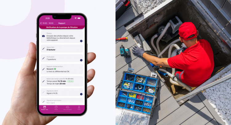 Technicien piscine en intervention avec l'application mobile Extrabat Today affichant un rapport d'intervention structuré (temps, statut, signature, test différentiel)