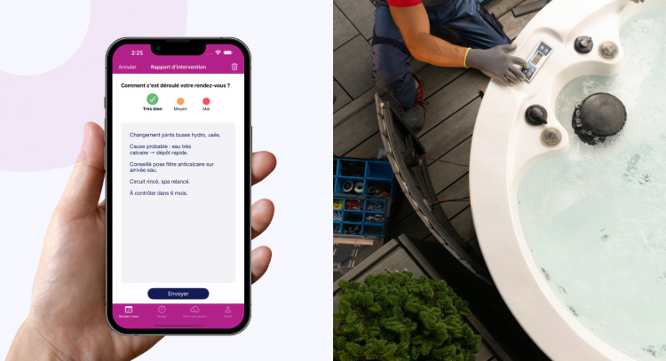 Technicien piscine en intervention sur un spa, avec l'application Extrabat Today affichant un retour  structuré avec une note de satisfaction et un commentaire sur son rapport.
