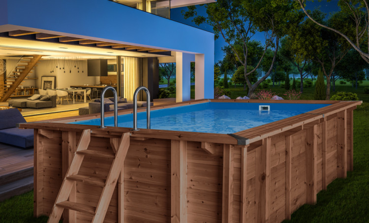 Piscina sobre suelo rectangular de madera