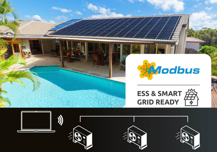 Pompe à chaleur Poolex Jet Pro intégrée à une installation Smart Grid et photovoltaïque, avec gestion via Modbus