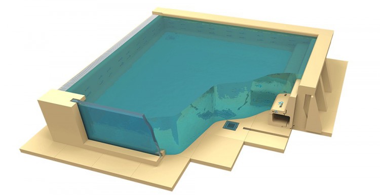 Schéma d'une piscine avec les modules préfabriqués Mallor d'Astralpool et bonde de fond 