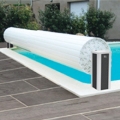 Automatic aboveground pool covers with carbon-finish posts