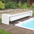 Practical movable pool cover with bench housing