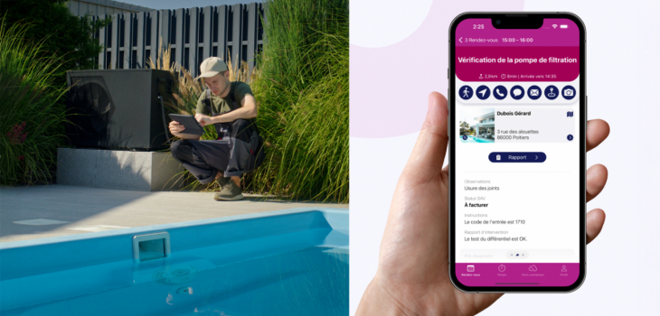 Technicien en intervention piscine vérifiant 1 rendez-vous sur tablette avec l’application Extrabat 