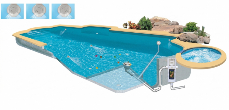 El sistema de limpieza integrada Paramount y sus boquillas activas en la piscina