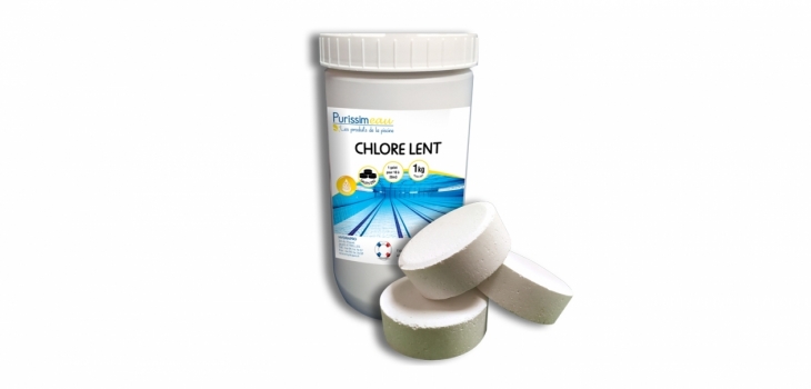 Boite de 1 kg de galets 125g de Chlore lent stabilisé Hydrapro marque Purissimeau 