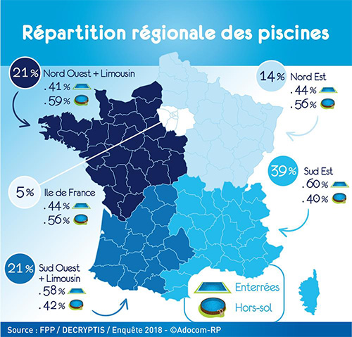 CArte de France rÃ©partition rÃ©gionale des piscines en France - FPP