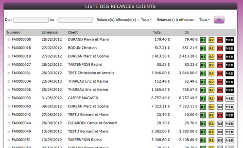 Extrabat liste des relances clients